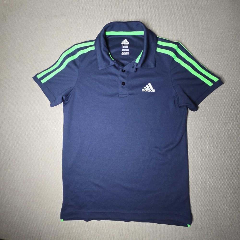 Adidas Navy Blue Green Stripe Polo Short Sleeve Shirt Boy's Size Medium 10/12